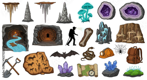 Cartoon Mine Exploration Icons Set Depicting Tunnels, Crystals, and Equipment