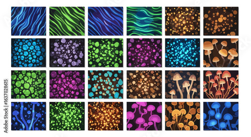 Colorful mushroom abstract patterns and backgrounds in various vibrant designs.