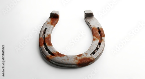 An old, rusty metal horseshoe, a traditional symbol of good luck and fortune, isolated