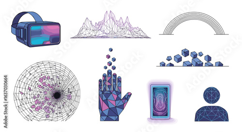 Geometric future tech icons showcasing digital world design elements