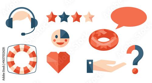 Customer service support flat icons design with headset and rating stars.