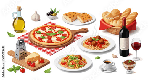 Delicious Italian cuisine food vector illustration with various food items.