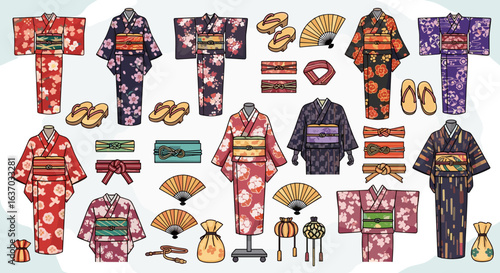 Assortment of Beautifully Detailed Japanese Kimonos and Accessories Depicted in a Cartoon Style