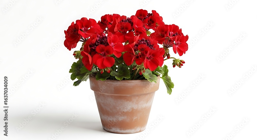 Vibrant red geranium flowers in a classic terracotta pot isolated on a clean white background Vibrant red geranium flowers in a classic terracotta pot isolated on a clean white background