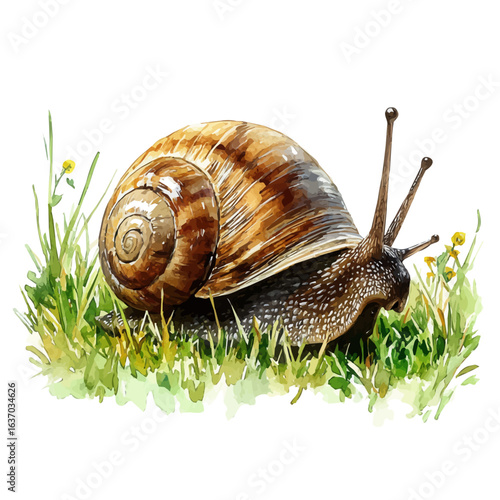 Large Land Snail, watercolor illustration vector, isolated on a white background.