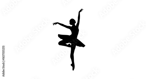 Silhouette of a ballerina dancing in a graceful pose against a white background.