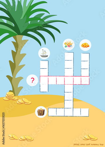 Solve the crossword and find where the treasure is hidden. Vector illustration for children's entertainment, activity book, worksheet.
