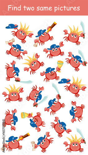 Find two identical pictures of a pirate crab. Educational game. Cartoon vector illustration for children's activity book, worksheet, print.