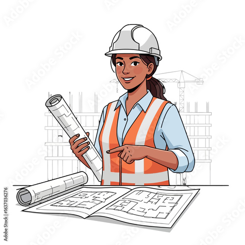 Illustration of a smiling female engineer in a hard hat and safety vest examining blueprints on a table with a construction site background.