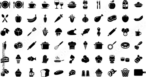 Vector black kitchen and food icon set. EPS version.