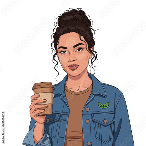 Illustration of a young woman holding a coffee cup wearing a denim jacket on a white background