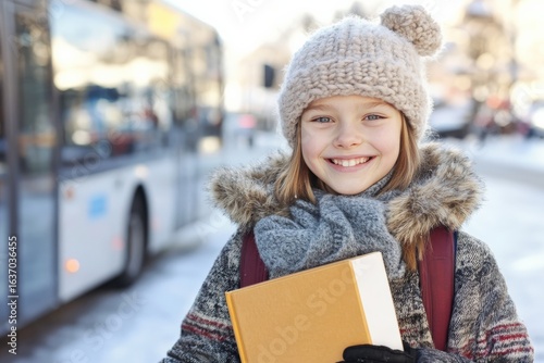 Smiling student girl waiting for the bus in winter