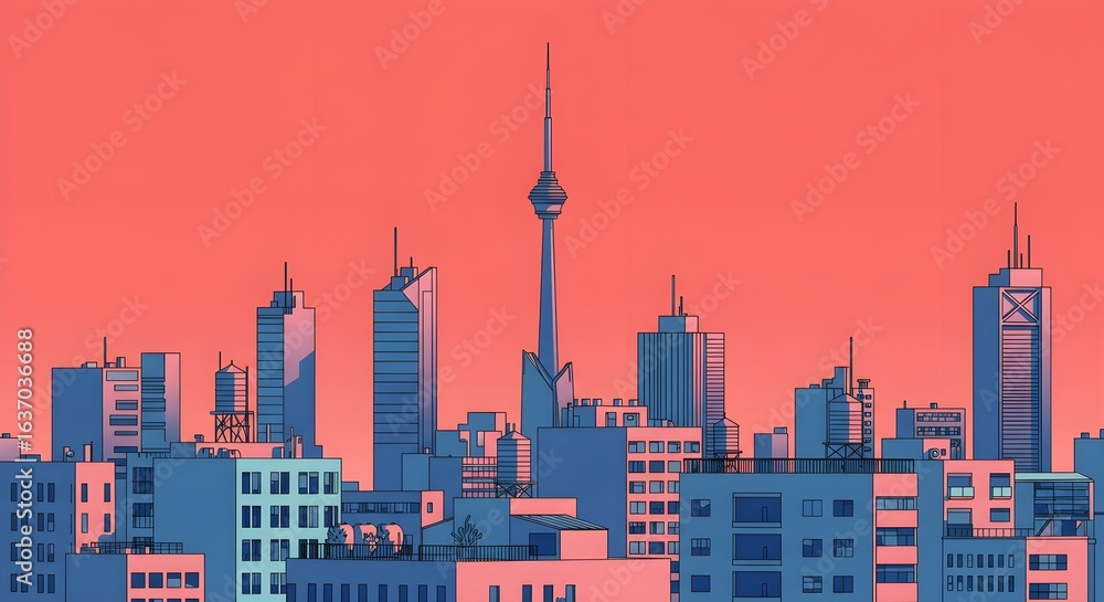 Fototapeta premium minimalist illustration of a city skyline featuring a variety of stylized buildings in blue and white against a vibrant pink sky.