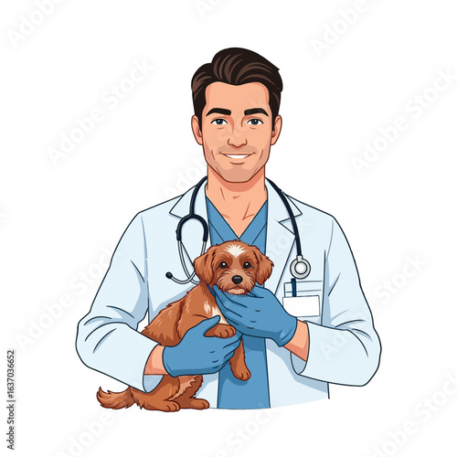 Cartoon illustration of a smiling male veterinarian in a white coat holding a brown puppy on a clean white background.