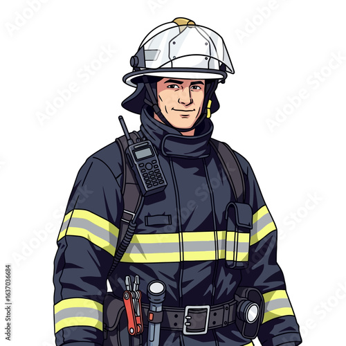 Illustration of a man shopping online with a basket of goods and mobile phone.