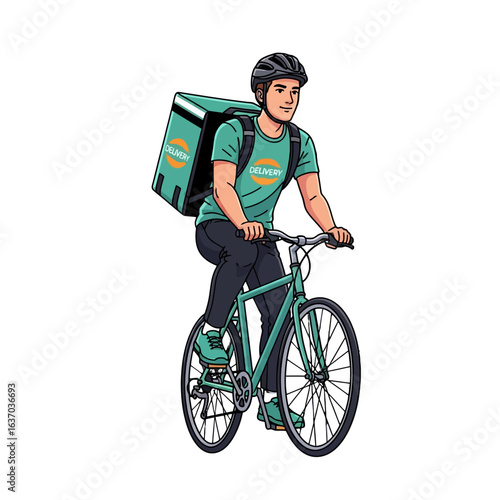 A delivery person riding a bicycle with a large backpack in a cartoon style against a white background