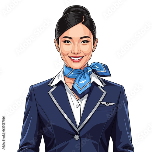 Illustration of a smiling young flight attendant in a blue uniform against a white background