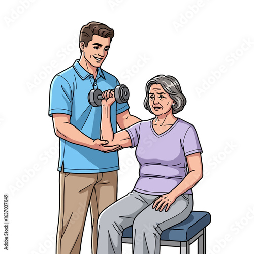 Physical therapist assisting senior woman with dumbbell exercise