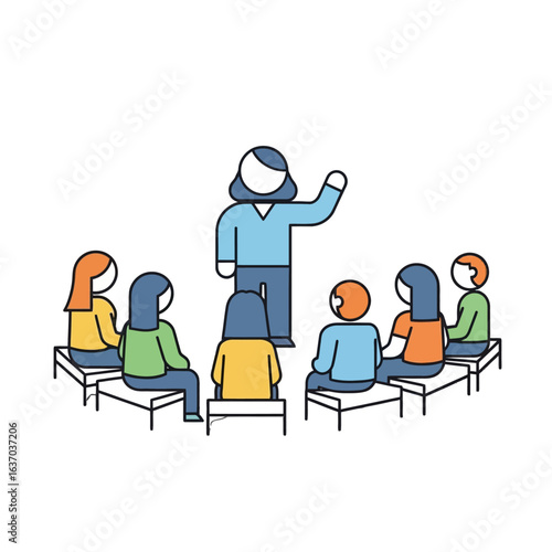 Flat illustration of a teacher standing and presenting to a group of students sitting on desks in a classroom with a simple and educational mood.