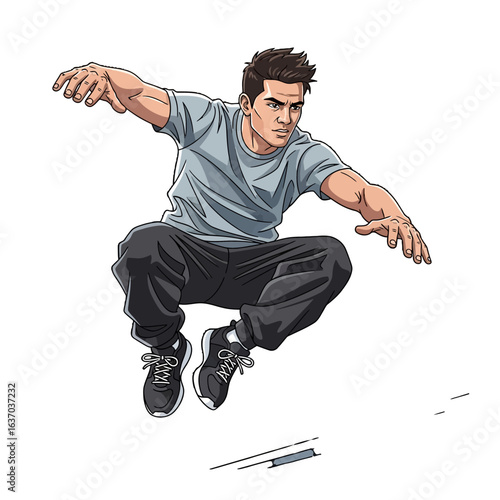 Illustration of a young man jumping in mid-air with arms outstretched on a white background