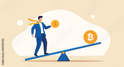 Businessman Balancing Traditional Money and Bitcoin on a See-Saw, Representing Financial Decisions and Cryptocurrency