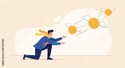 A Man Running and Chasing After Money Coins.

