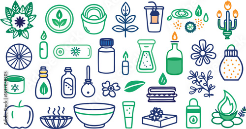 Vector set of gardening tools with beer bottles and beverage glasses