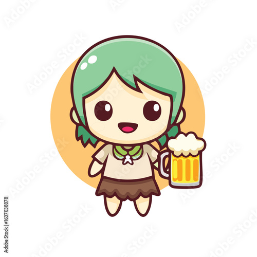 Cartoon style illustration of a cute girl holding a glass of beer. The girl has green hair, smiling, dressed in a charming outfit, and enjoys the beverage in a jovial manner
