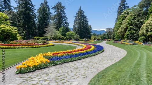 Vibrant Rainbow Tulip Garden Path Spring Landscape