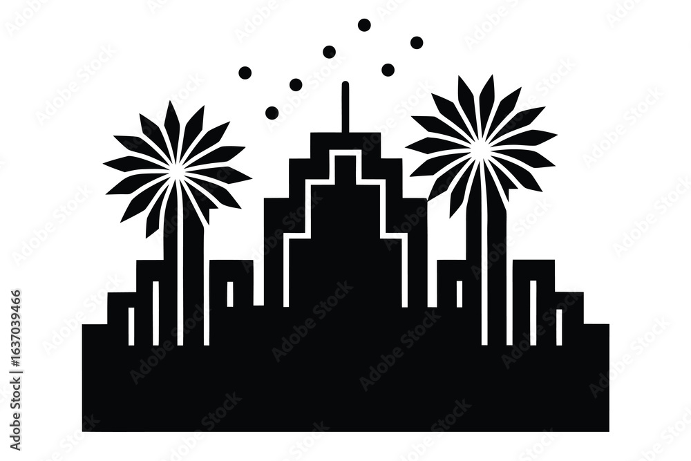 Naklejka premium fireworks above skyline vector icon