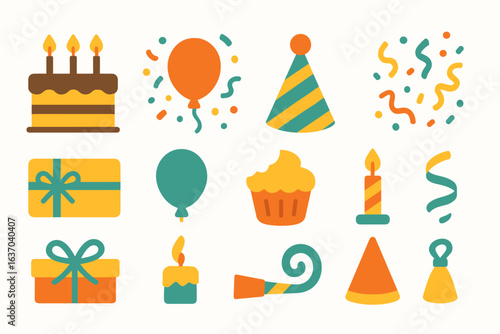 Party and celebration flat icon set. birthday, festive decor, gift icons collection