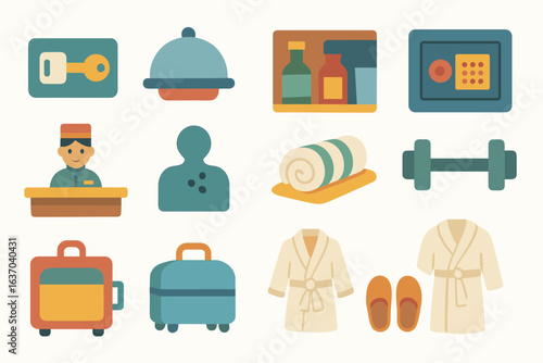 Hotel and hospitality flat icon set. travel, accommodation services flat icons