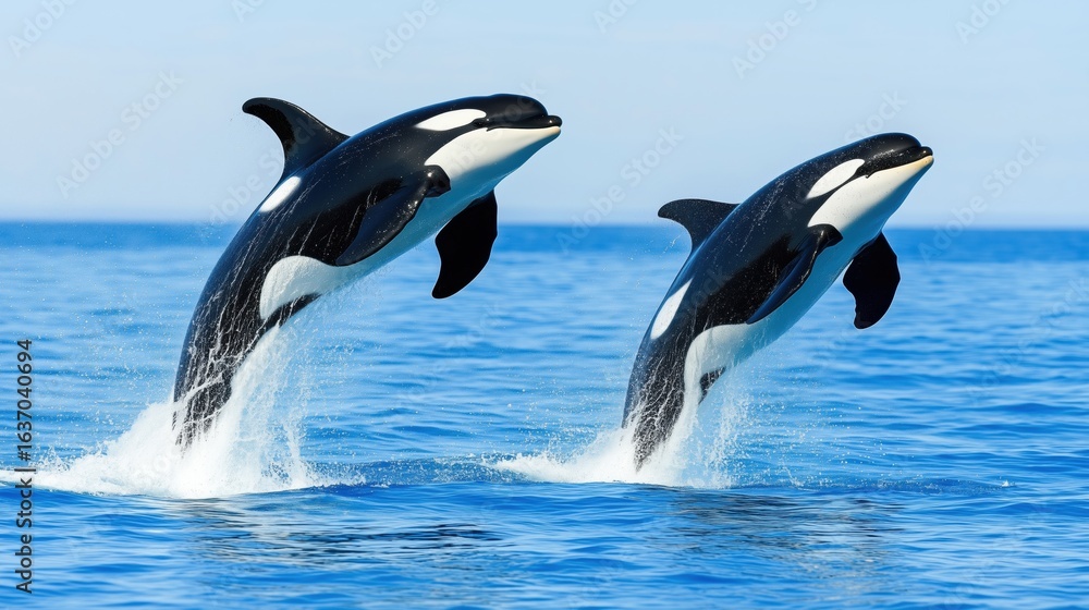Fototapeta premium KILLER WHALE orcinus orca, PAIR LEAPING