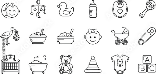 Baby care icons, newborn essentials, baby feeding, baby bath time, nursery items, baby clothing, cute baby objects, parenting tools, baby line art, infant illustrations