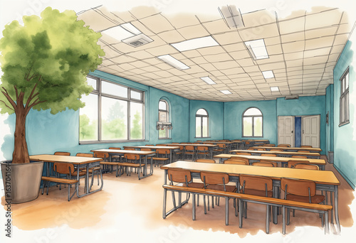 watercolor drawing of the school cafeteria