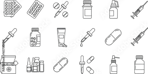 Set of black and white medicine icons including pills, capsules, syringes, droppers, bottles, ointment tubes, ampoules, healthcare, pharmacy, medical treatment, drug delivery system