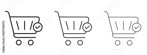 Shopping cart check icon logo black pictogram set. Graphic simple vector icon