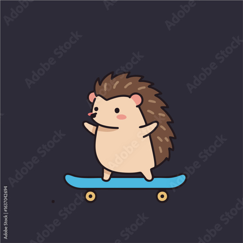 A whimsical illustration of a cute hedgehog riding a blue skateboard against a dark background.