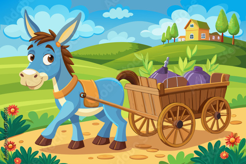 vector of A young donkey with a wheeled wooden cart attached to it to carry the load...