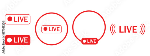 Red live streaming icon set with broadcasting buttons, online stream symbols and live logo, vector illustration on transparent background