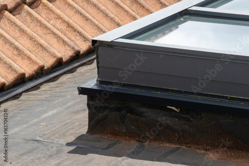 Bilde på lerret A modern skylight installation on a flat bitumen roof, showing the waterproofing