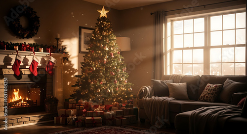 Festive Christmas scene with a decorated tree, glowing fireplace, and sunbeams in a warm, cozy home interior.