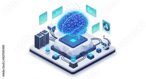 Isometric illustration of a blue brain connected to servers and a robot head on a platform ai generated