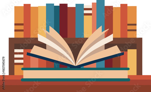 Open book on a bookshelf with colorful spines