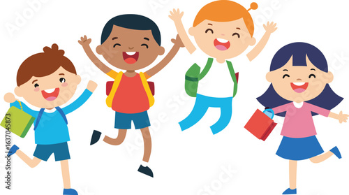 Happy diverse children jumping with backpacks and shopping bags