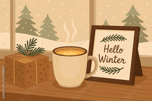 Enjoying a cozy winter afternoon with hot beverage and seasonal decorations by the window