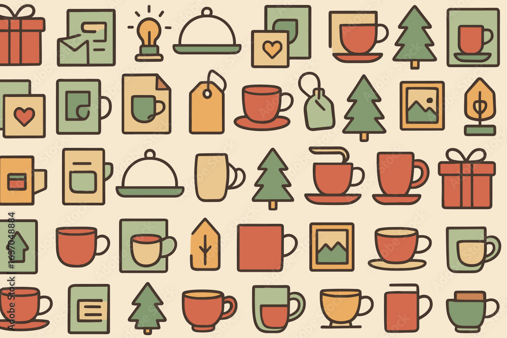 Colorful arrangement of holiday-themed icons featuring cups, gifts, and decorations for festive occasions Colorful arrangement of holiday-themed icons featuring cups, gifts, and decorations for festive occasions