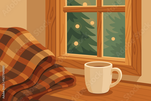 Warm cozy corner with a cup of coffee and a blanket by a window during winter