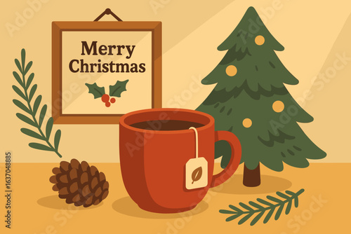 Warm cup of tea beside a decorated tree during Christmas celebration at home