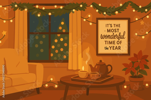 Cozy evening in a warmly decorated living room during the festive season with glowing lights and comforting beverages